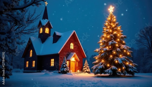 Wallpaper Mural Church with cross aglow under a snow-covered Christmas tree, light, decoration, church Torontodigital.ca