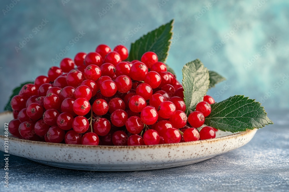 A minimalistic arrangement of fresh red viburnum berries on a speckled plate with green leaves A minimalistic arrangement of fresh red viburnum berries on a speckled plate with green leaves