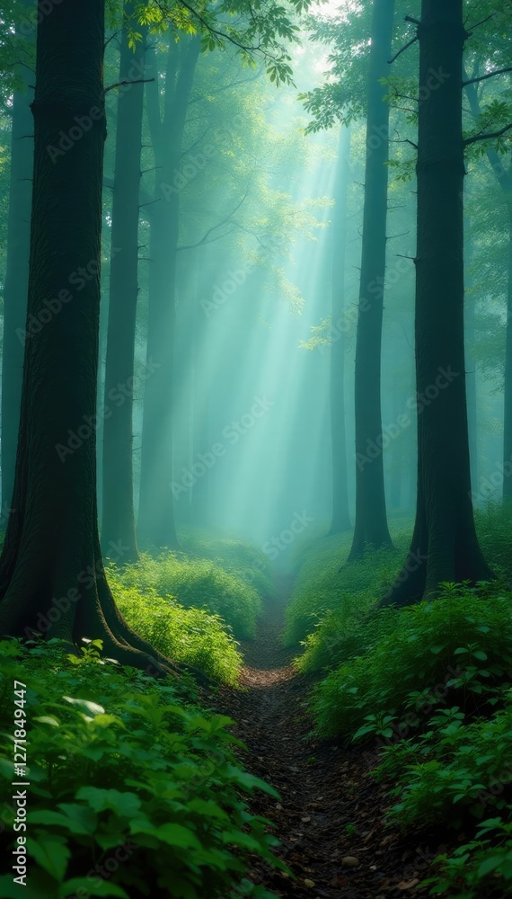 Obraz premium Misty woodland with foggy tree trunks and misty undergrowth, evergreen, greenery
