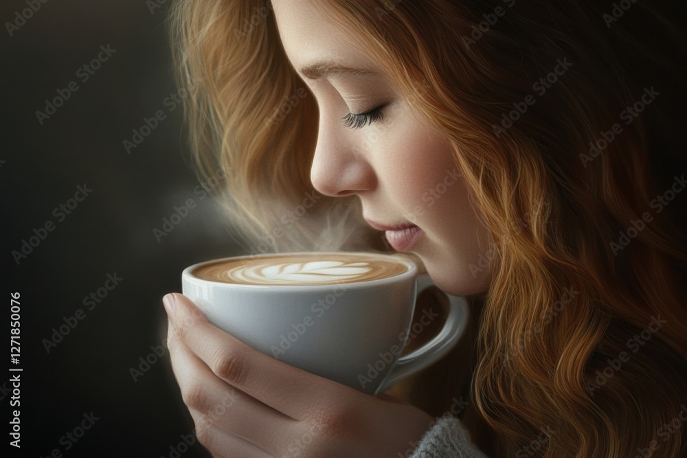 Close-up of a woman savoring white coffee, warm glow highlighting the creamy texture, soft natural lighting, detailed steam effect adding realism Close-up of a woman savoring white coffee, warm glow highlighting the creamy texture, soft natural lighting, detailed steam effect adding realism