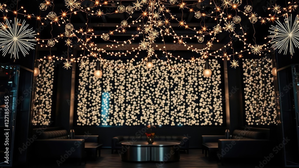 Obraz premium Twinkling festive lights suspended above a dark luxury background with sleek metallic surfaces and modern furniture, metal, holiday