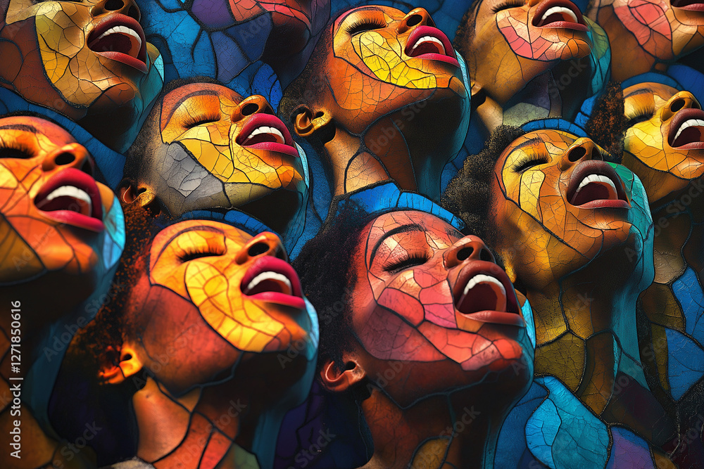 Obraz premium Vibrant Artistic Interpretation of Expressive Faces in a Colorful Mosaic Style
