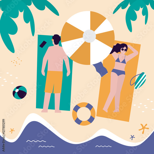 Young man and woman relaxing and sunbathing on sandy beach at seaside. Summertime, vacation. Love couple or friends lying on towels under umbrella at sea resort.