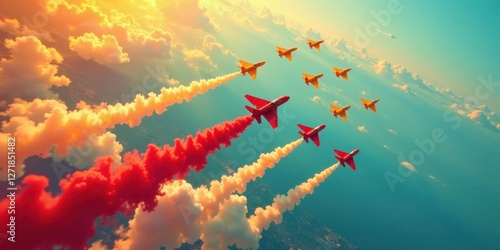 A squadron of red and yellow jets performs breathtaking aerobatic maneuvers, leaving vibrant trails of colored smoke across a vivid sunset sky photo