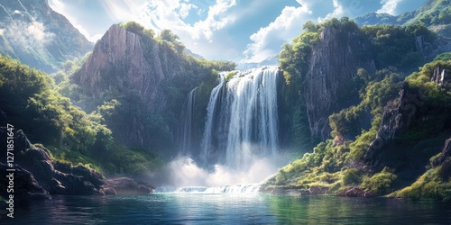 Waterfall in Lush Green Forest