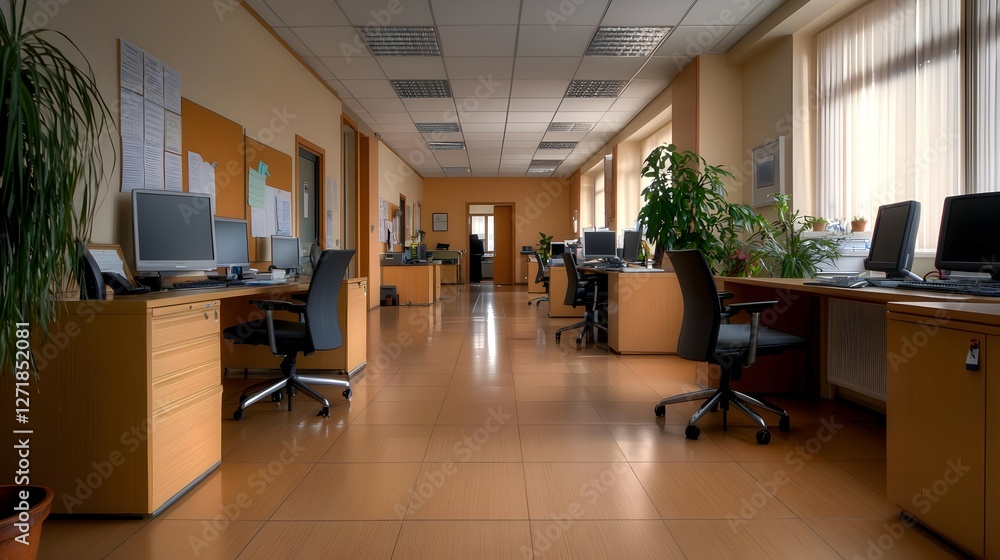Empty Modern Office Space with Wooden Desks and Computers Empty Modern Office Space with Wooden Desks and Computers