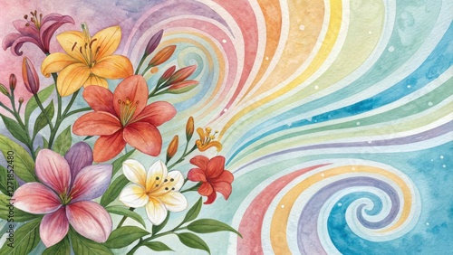 Vibrant watercolor blooms on a swirling abstract background, whimsical illustration, abstract patterns