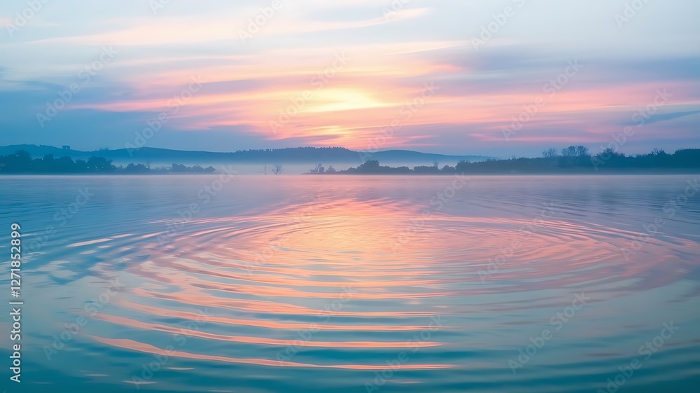 Obraz premium Serene water ripple with soft sunset reflection, creating a calming, tranquil atmosphere. Perfect for nature, relaxation, and meditation themes.