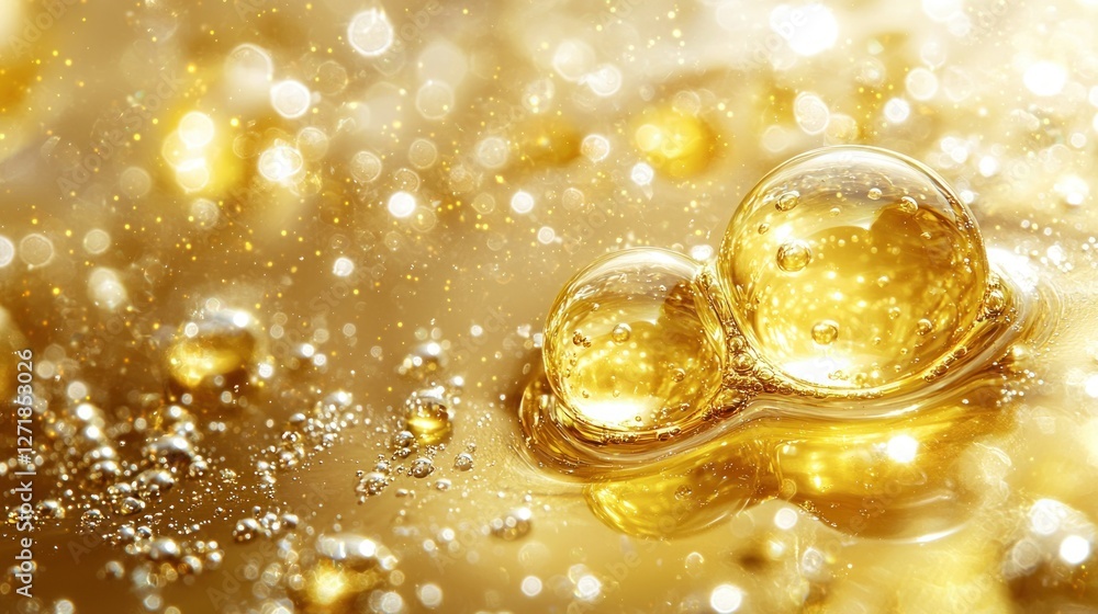 Golden liquid bubbles on a reflective surface with bokeh background Golden liquid bubbles on a reflective surface with bokeh background