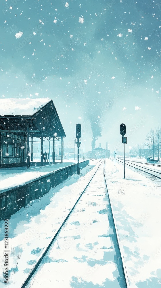 Fototapeta premium Snowy train station with tracks leading to industrial buildings