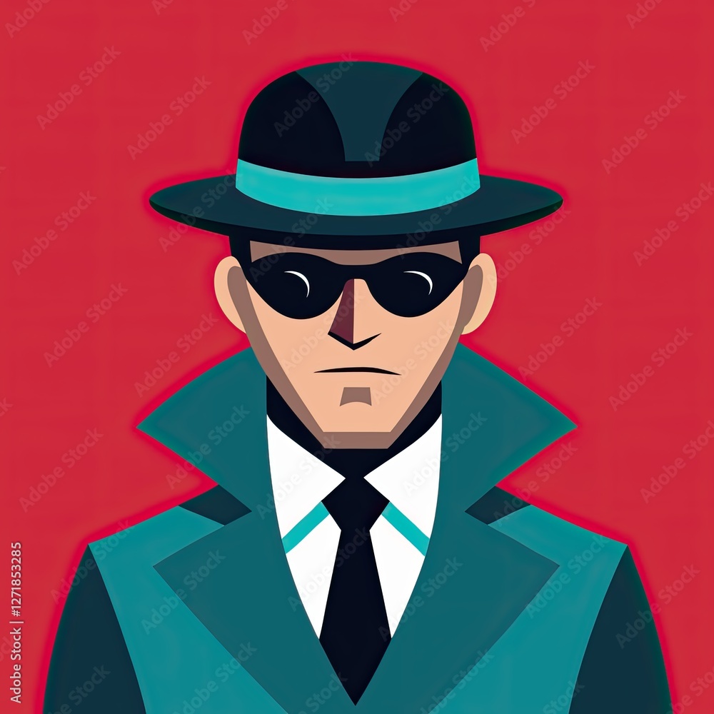 Spy icon in sunglasses showing serious expression against red background Spy icon in sunglasses showing serious expression against red background