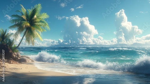 Tropical beach paradise, waves crashing, sunny sky, vacation