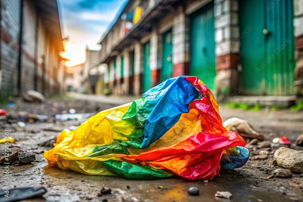Environmental Pollution: Plastic Bag on Grimy Ground in Poor Neighborhood Environmental Pollution: Plastic Bag on Grimy Ground in Poor Neighborhood