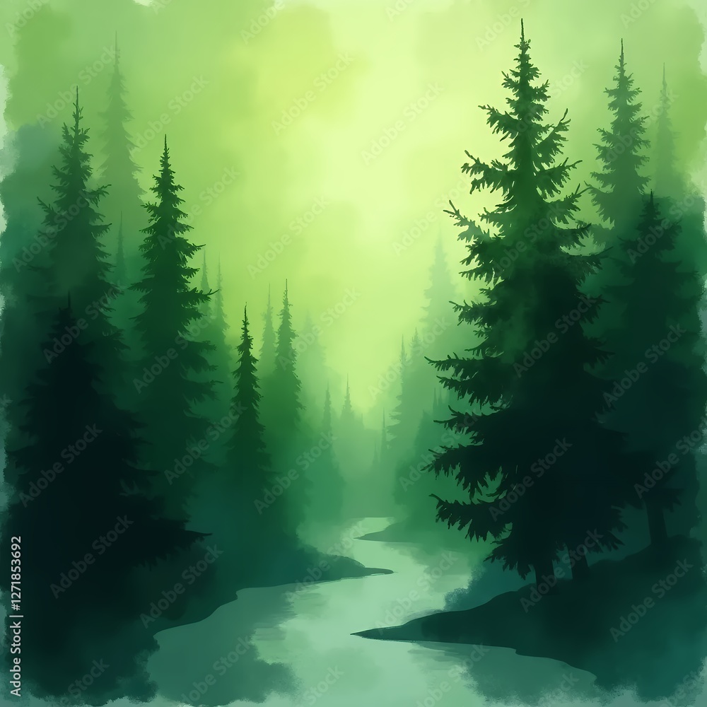 Fototapeta premium Watercolor Misty Forest Serenity