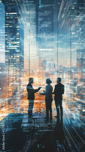 Business team working together using a futuristic interface in a modern office overlooking the city at night