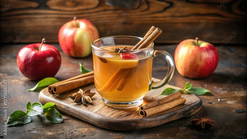 Warm Spiced Apple Cider with a cinnamon stick floating in the liquid, cinnamon, golden light Warm Spiced Apple Cider with a cinnamon stick floating in the liquid, cinnamon, golden light