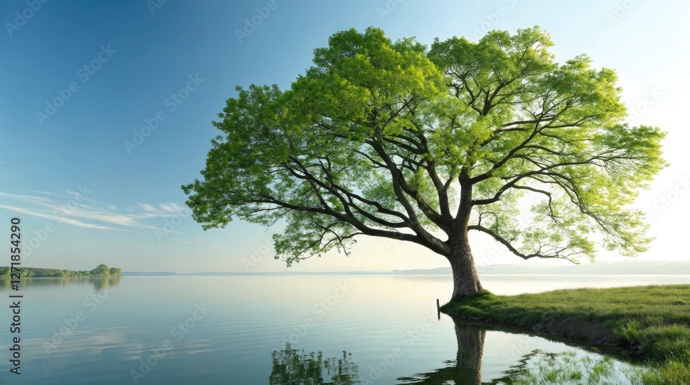 Solemn tree standing by the calm waters, symbolizing stability and peace against a serene lakeside backdrop Solemn tree standing by the calm waters, symbolizing stability and peace against a serene lakeside backdrop
