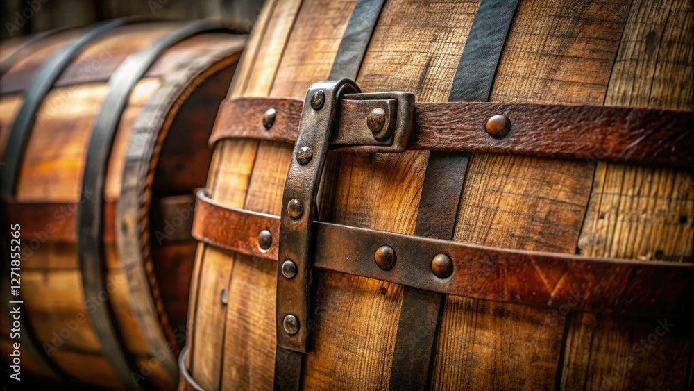 Close-up shot of worn leather straps on an old whiskey barrel, leather straps, whiskey barrel, weathered, close-up Close-up shot of worn leather straps on an old whiskey barrel, leather straps, whiskey barrel, weathered, close-up