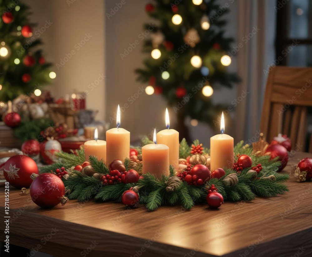 Weihnachtliche Kerzen und Dekorationen auf einem Tisch, farben, gläser Weihnachtliche Kerzen und Dekorationen auf einem Tisch, farben, gläser