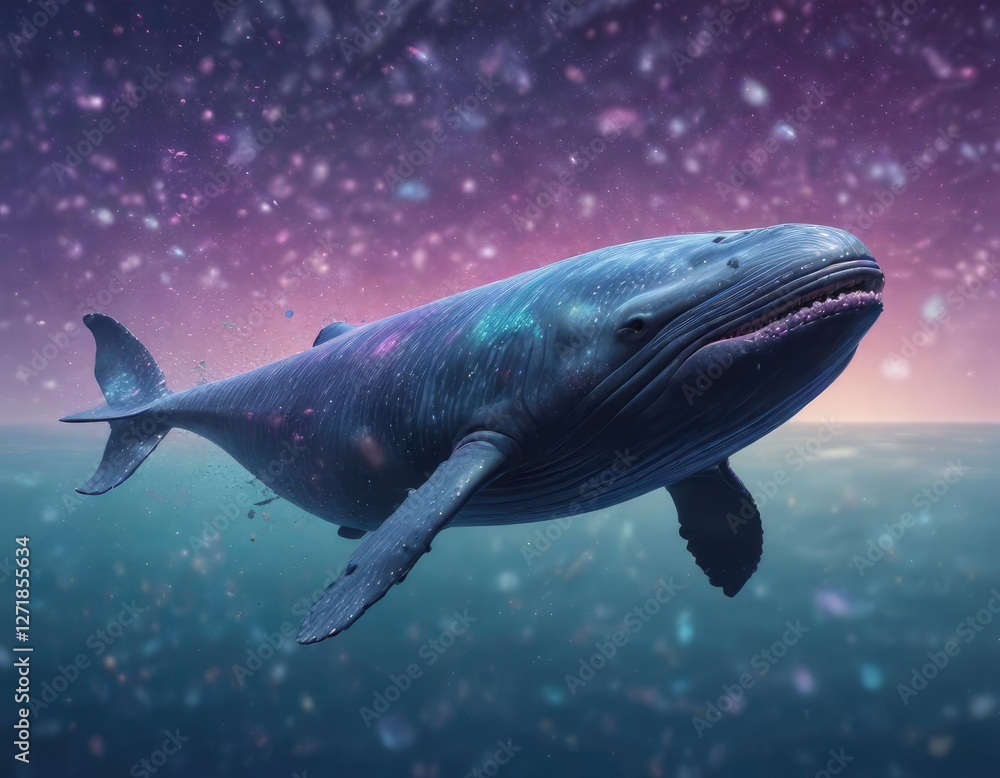 Naklejka premium Whimsical illustration of a sperm whale swimming elegantly in mid-air surrounded by iridescent specks, air, mid-air, iridescent, elegant, illustration
