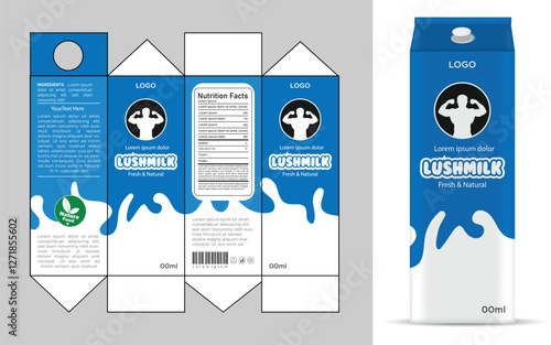 Milk product packaging design template with 3d mockup example. Healthy, modern, strawberry, milk gradient. Box packaging, labeling, die line, die-cut, alignment line.