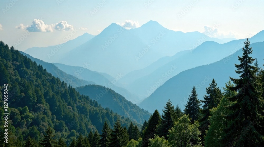 Fototapeta premium Serene Vista of Verdant Slopes and Distant Mountain Ranges Under a Pale Sky