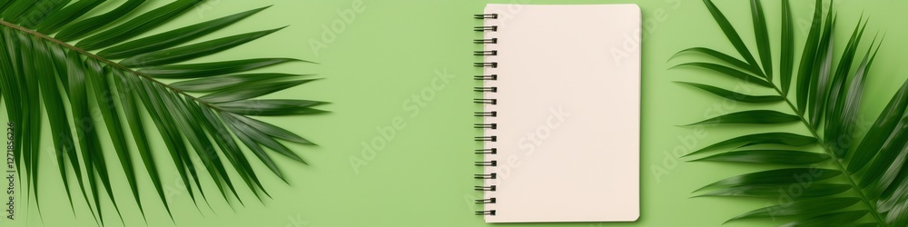 A bright horizontal background with green leaves and notebook open showing blank pages. A bright horizontal background with green leaves and notebook open showing blank pages.