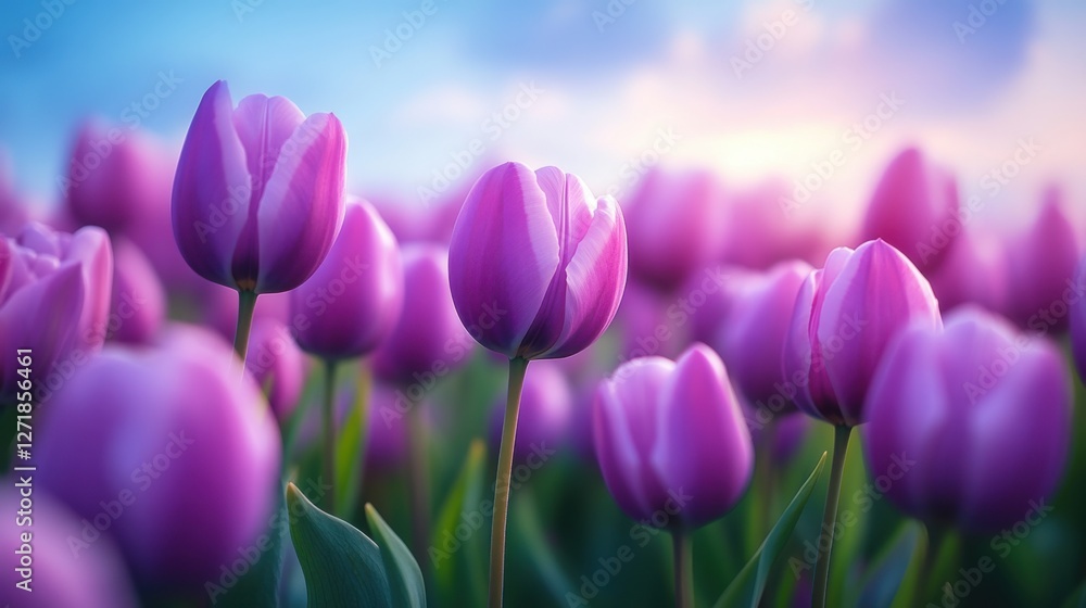 Obraz premium Vibrant purple tulips bloom under a clear sky at dawn in a picturesque garden showcasing nature's beauty