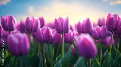 Vibrant pink tulips blooming in a field at sunset creating a stunning floral landscape with colorful skies