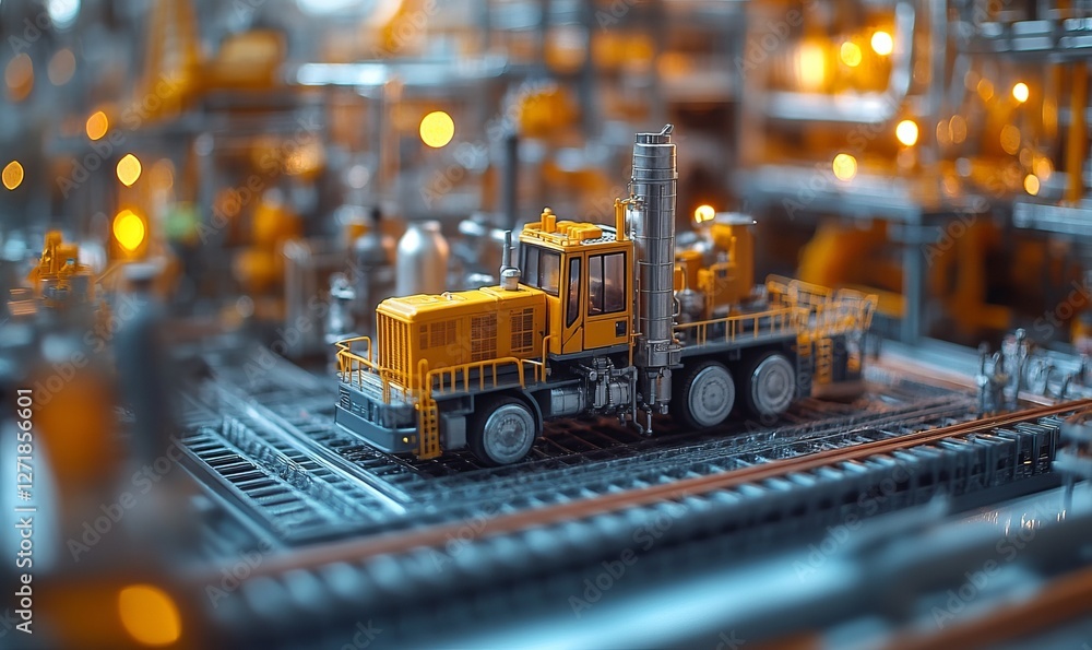 Detailed miniature model of industrial machinery on a factory layout Detailed miniature model of industrial machinery on a factory layout