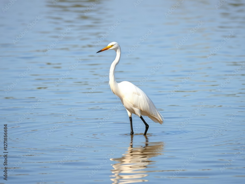 White egret wading through shallow waters with its long neck, natural habitat, white egret White egret wading through shallow waters with its long neck, natural habitat, white egret