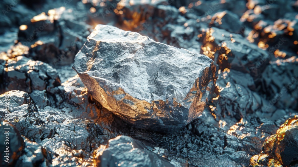 A prominent metallic rock sits vividly on a rugged surface, reflecting light with intricate textures and shiny surfaces that create an eye catching contrast. A prominent metallic rock sits vividly on a rugged surface, reflecting light with intricate textures and shiny surfaces that create an eye catching contrast.