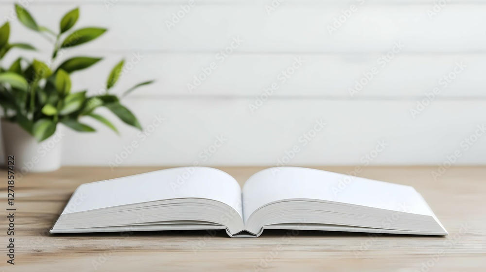 Open White Book on Wooden Table with Green Plant Open White Book on Wooden Table with Green Plant