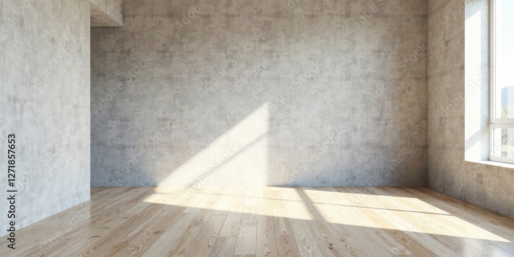 Sunlit Empty Room with Exposed Concrete Walls and Light Wood Floor Ideal for Interior Design Presentation Sunlit Empty Room with Exposed Concrete Walls and Light Wood Floor Ideal for Interior Design Presentation