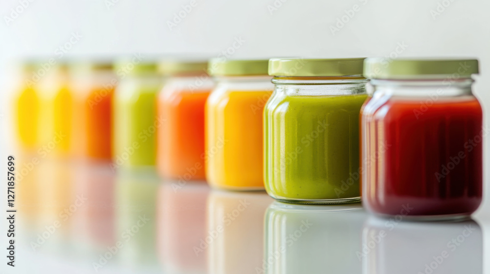 Colorful baby food jars aligned in a cheerful spectrum on white background Colorful baby food jars aligned in a cheerful spectrum on white background