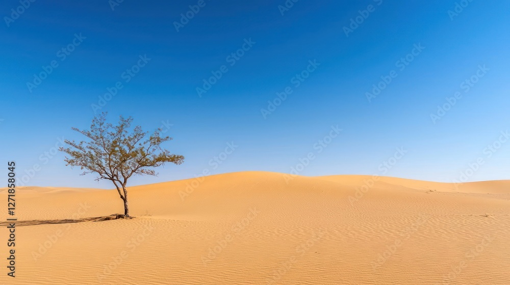 Solitary Tree in Expansive Sand Dune Desert Under a Vivid Blue Sky Solitary Tree in Expansive Sand Dune Desert Under a Vivid Blue Sky