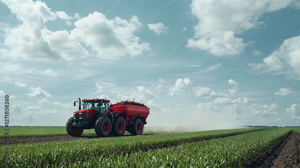 Fototapeta premium Red Tractor Spraying Crops in a Lush Green Field Under a Sunny Sky