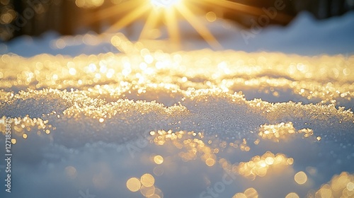 Golden Sunlight on Snow-Covered Ground at Sunset photo