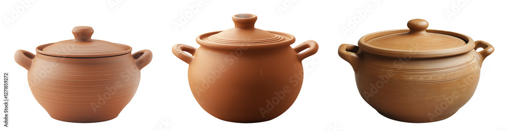 Round food clay pots with a lid isolated on transparent background PNG Round food clay pots with a lid isolated on transparent background PNG
