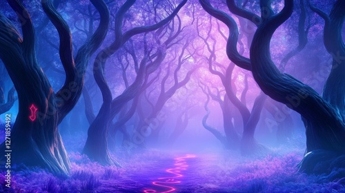 Mystical Forest Path: An enchanting forest path winds through a landscape of vibrant purple and blue hues, evoking a sense of wonder and mystery.  photo