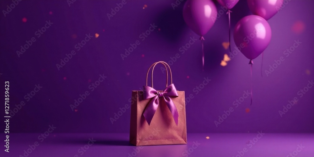 Fototapeta premium A mauve gift bag with a purple ribbon bow sits on a purple surface, adorned with floating purple balloons and confetti, symbolizing celebration and gifting