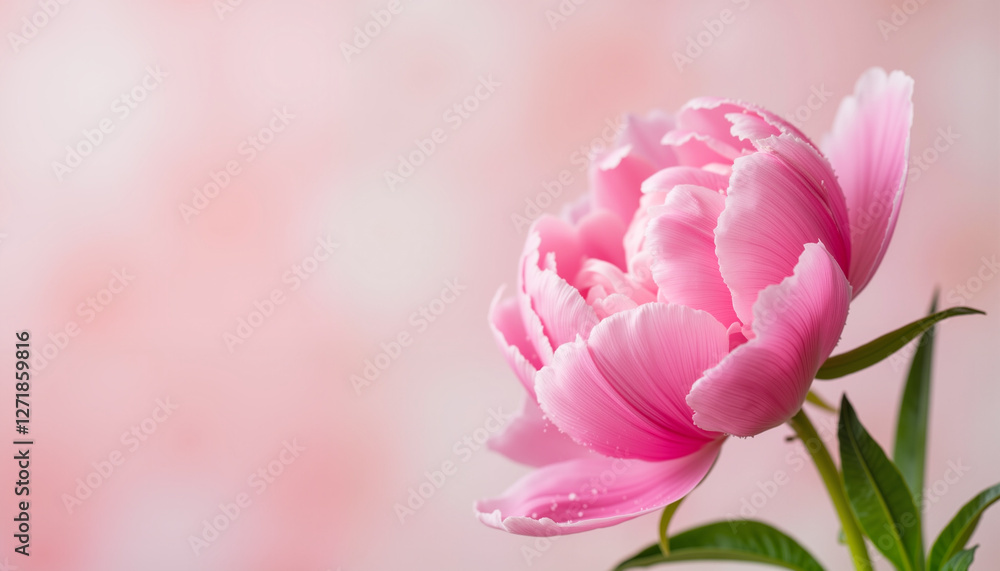 Fototapeta premium Close-up of pink peony flower with dewdrops, natural beauty, for Valentine's Day, Happy Women's Day, Mother's Day, Birthday, copy space