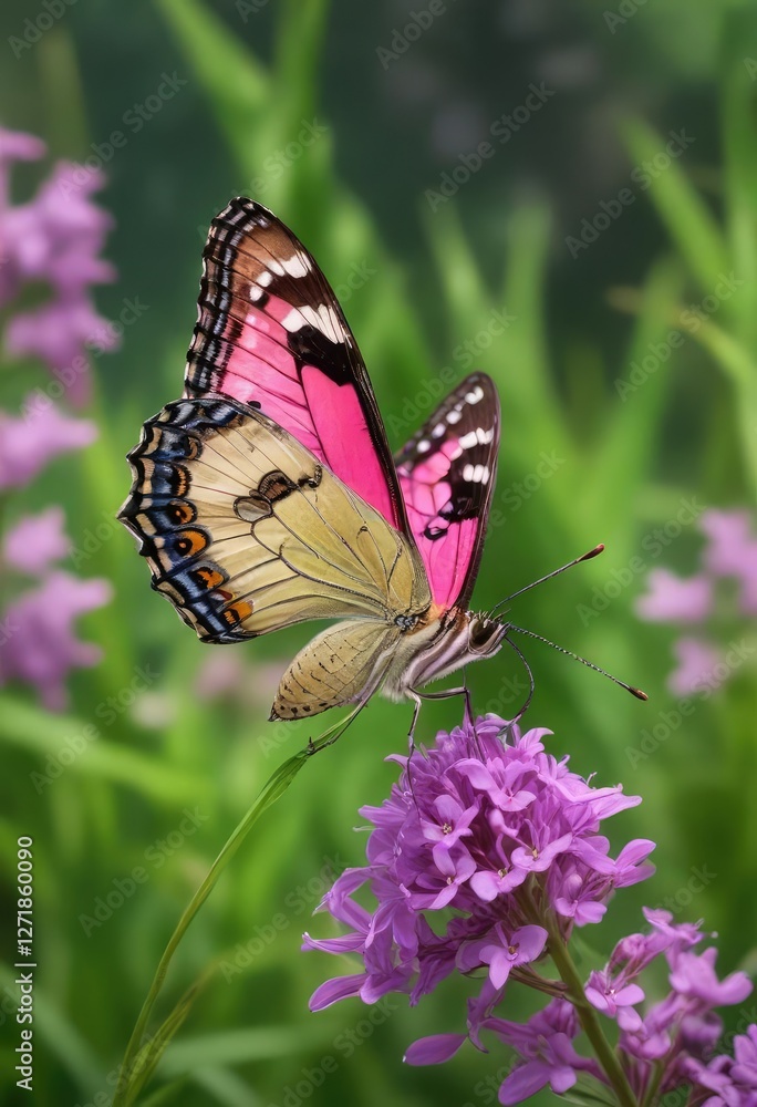 Naklejka premium Delicate butterfly perched on a vibrant lilac pink and purple wildflower amidst lush green grass, fauna, wildlife