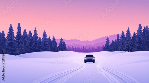 Snowy Winter Landscape in the Mountains with Snow Covered Trees and a Frozen Road photo