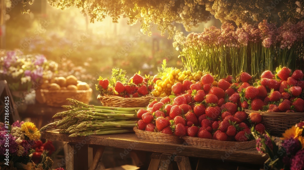 A table full of fresh fruits and vegetables, including strawberries, asparagus A table full of fresh fruits and vegetables, including strawberries, asparagus