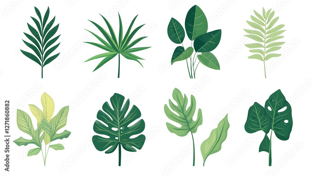 A collection of green leaves, including palm leaves, ferns A collection of green leaves, including palm leaves, ferns