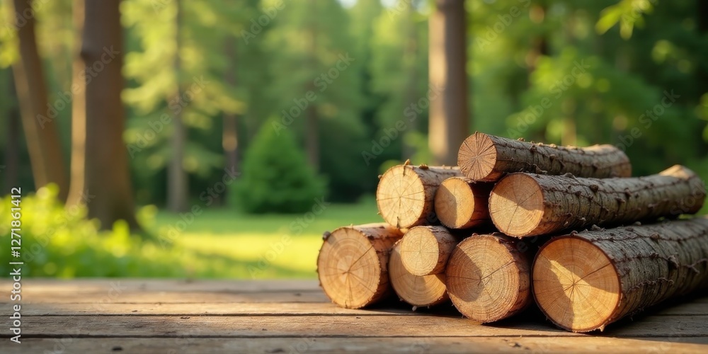 Sunlit Stack of Logs Resting on Wooden Surface in a Verdant Forest Setting Sunlit Stack of Logs Resting on Wooden Surface in a Verdant Forest Setting