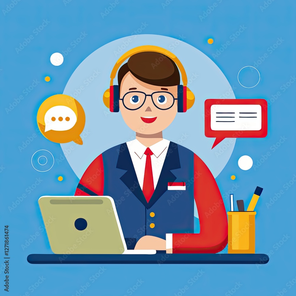 Interpreter in headset smiling while working at a desk Interpreter in headset smiling while working at a desk
