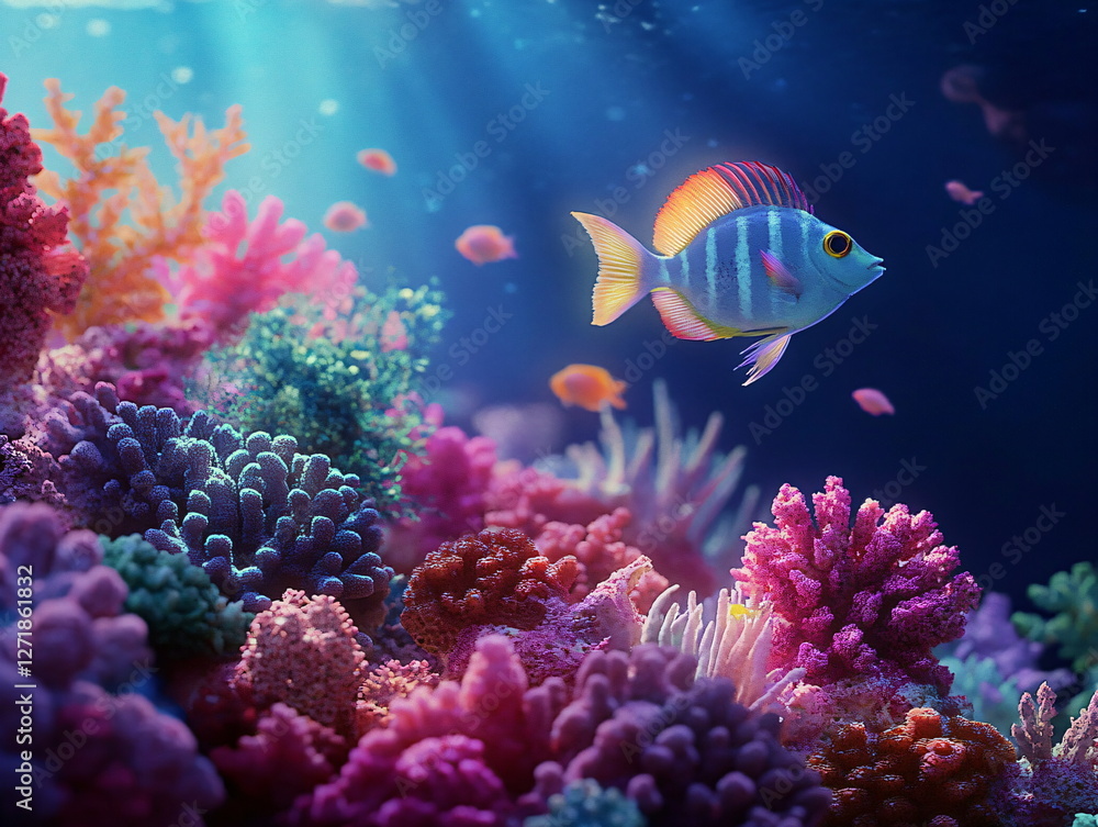 Fototapeta premium Vibrant Underwater Coral Reef with Colorful Fish and Marine Life – Tropical Ocean Panorama for Diving and Snorkeling