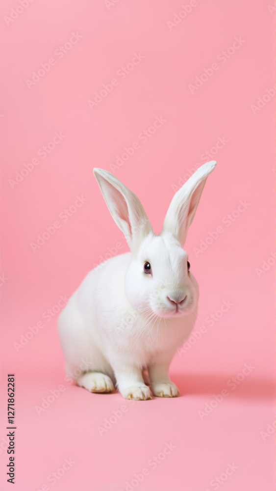 Obraz premium Cute white rabbit on isolated pink background